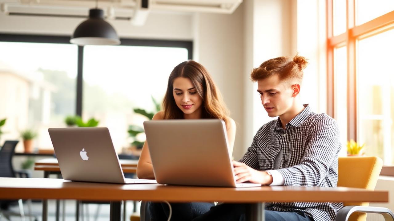 Two professionals collaborating in a warm modern office
