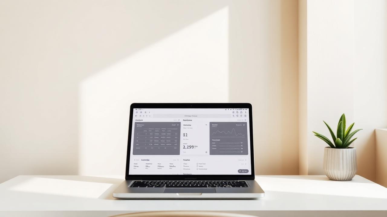 Minimalist desk with a laptop showing a calm dashboard