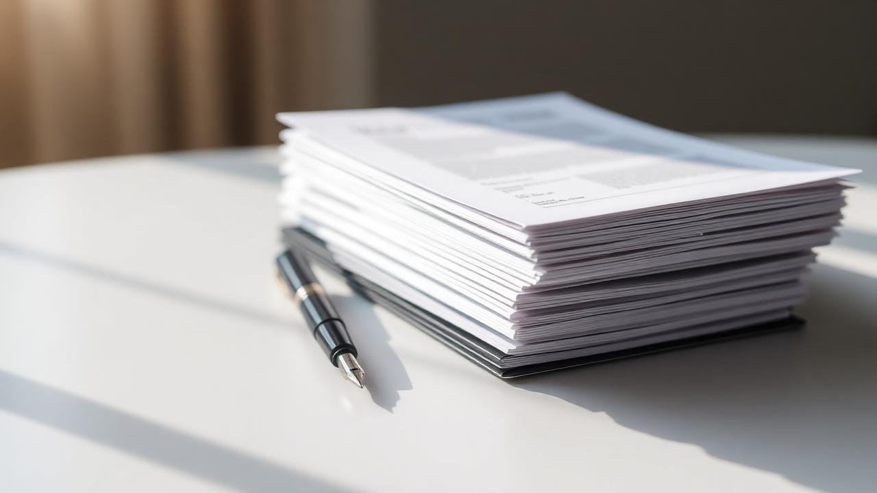 Stack of compliance documents and a fountain pen