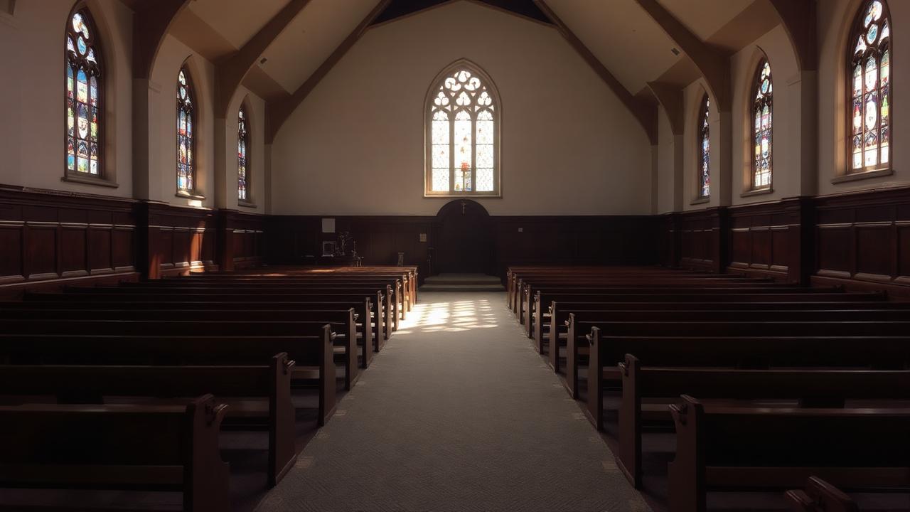 Quiet chapel interior with stained glass light