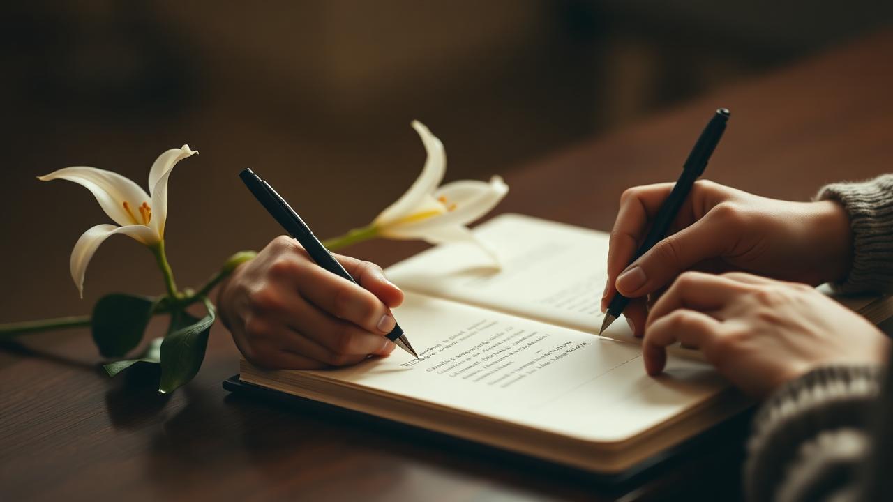 Hands writing in a memorial book beside a white lily