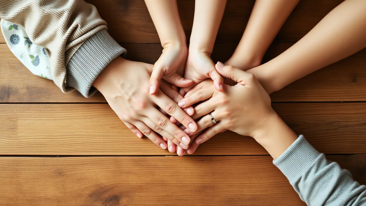 Family hands joined over a wooden table
