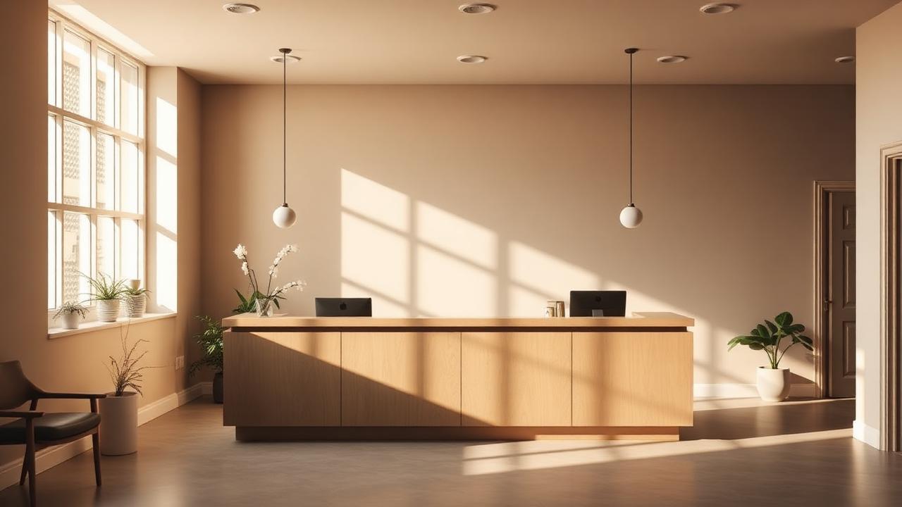 Calm modern funeral home reception with warm light