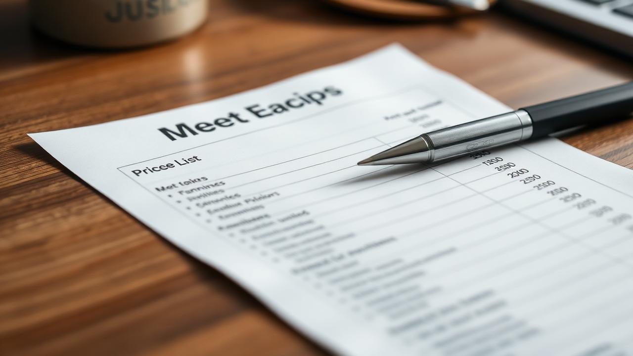 Printed price list and pen on a wooden desk