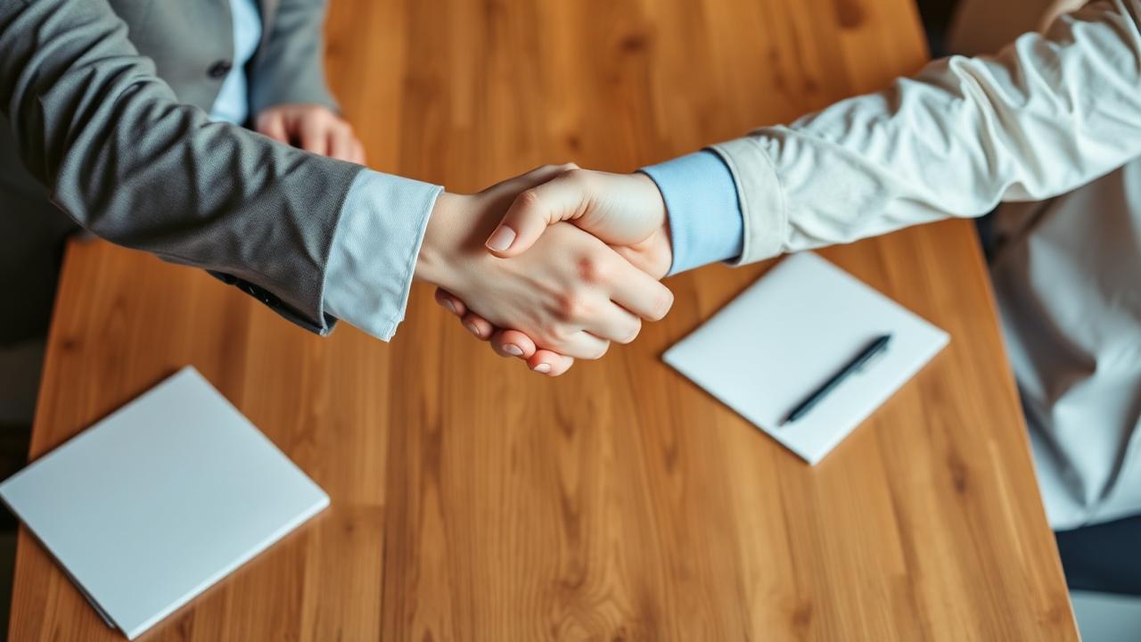 Two professionals shaking hands across a wooden table